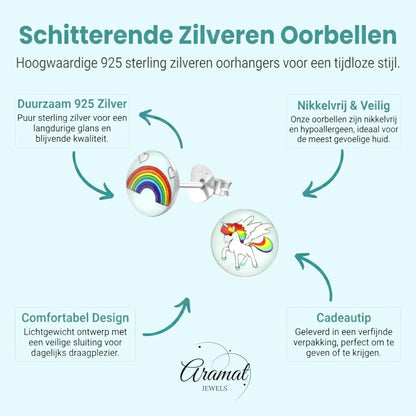Unicorn Zilveren Oorbellen - Regenboog & Eenhoorn Cadeau - Aramat Jewels - Oorbellen - cadeautip