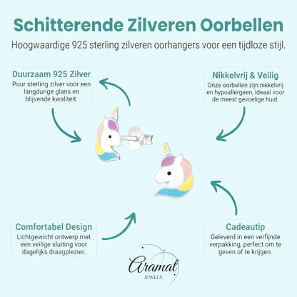 Unieke Zilveren Unicorn Oorbellen - Cadeautje Meisje - Aramat Jewels - Oorbellen - cadeautip