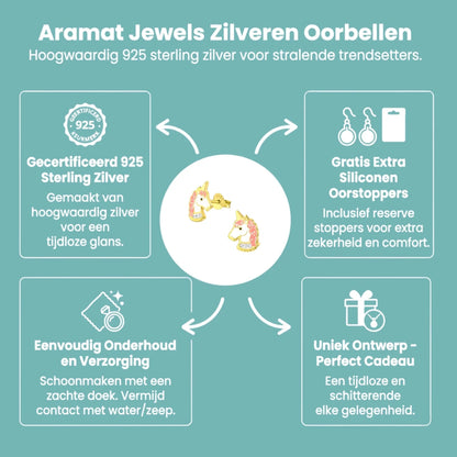 Unieke Zilveren Unicorn Oorbellen - Goudkleurig & Kristal - Aramat Jewels - Oorbellen - cadeautip