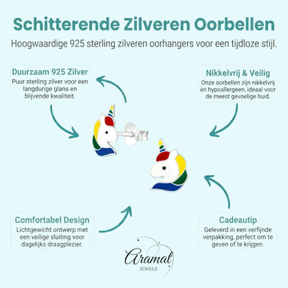 Unieke Zilveren Unicorn Oorbellen - Regenboog Cadeautje - Aramat Jewels - Oorbellen - cadeautip