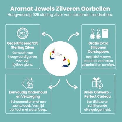 Unieke Zilveren Unicorn Oorbellen - Regenboog Cadeautje - Aramat Jewels - Oorbellen - cadeautip