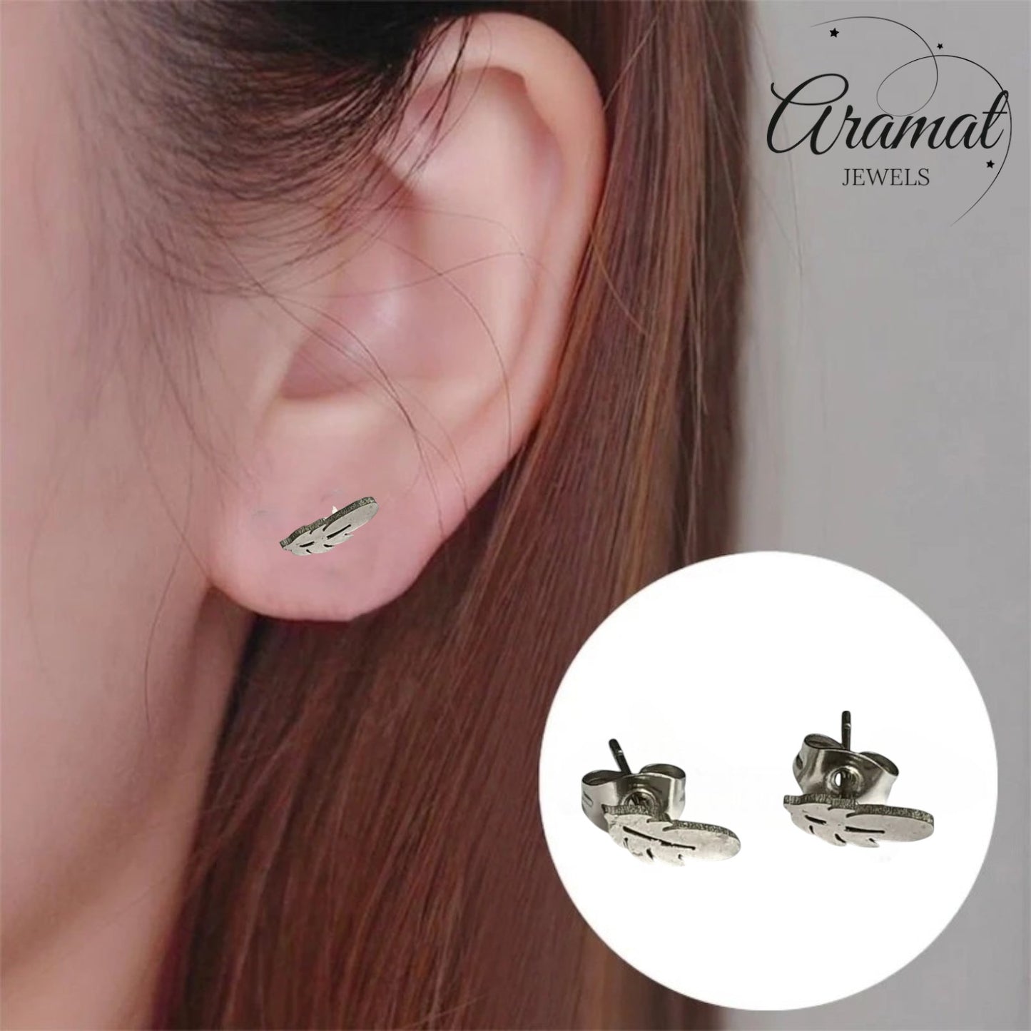 Boucles d'oreilles clous en acier, motif plumes, couleur argent – ​​9 x 3 mm