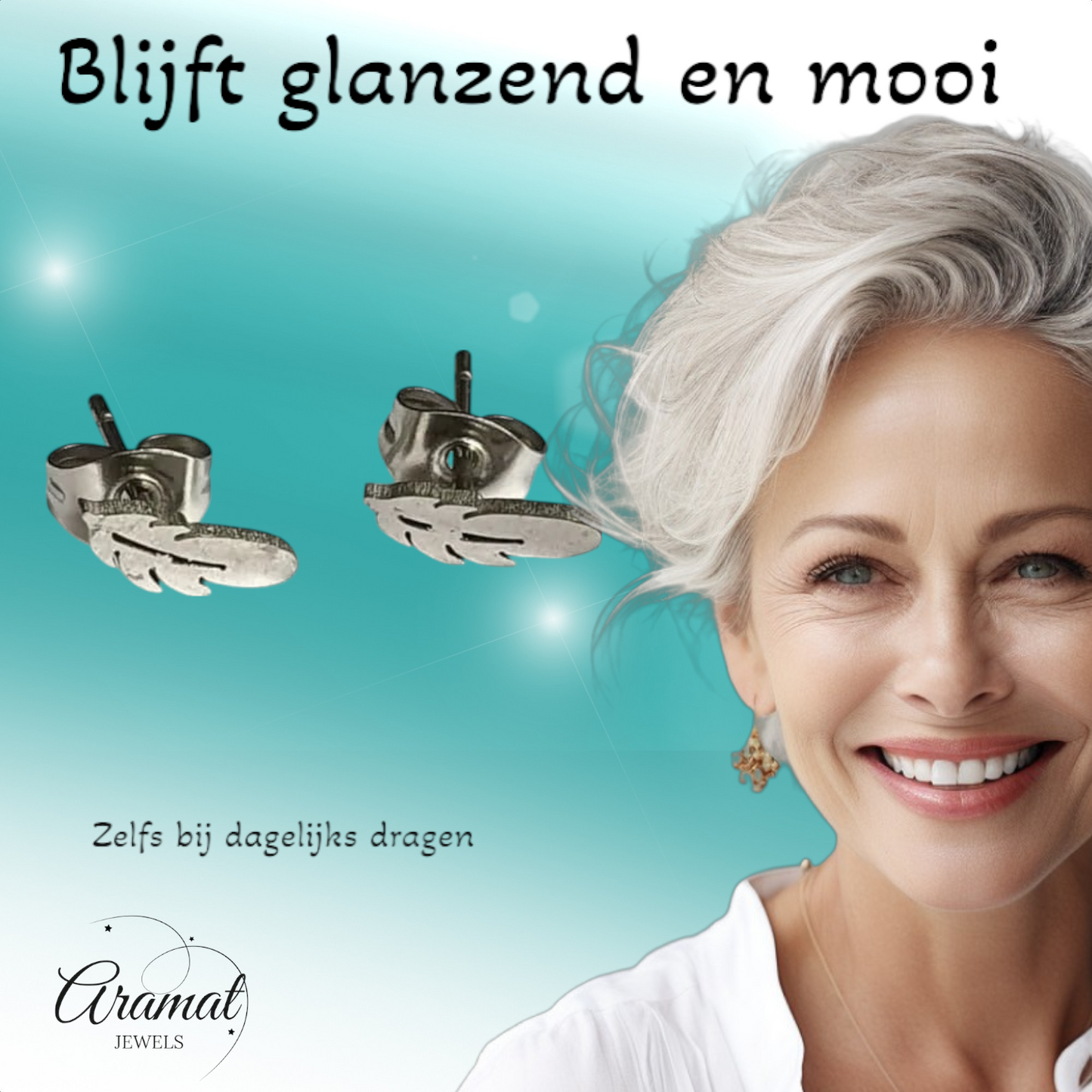 Boucles d'oreilles clous en acier, motif plumes, couleur argent – ​​9 x 3 mm