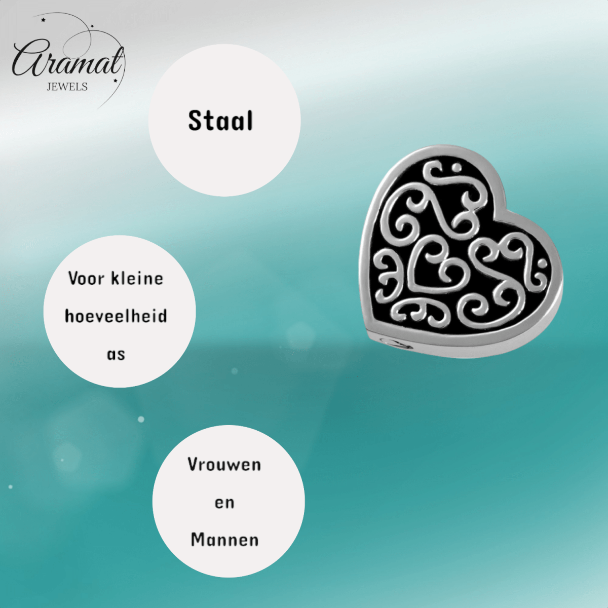 Versierd stalen as - hartje zwart emaille 2cm - Aramat Jewels - Gedenkhangers - cadeautip