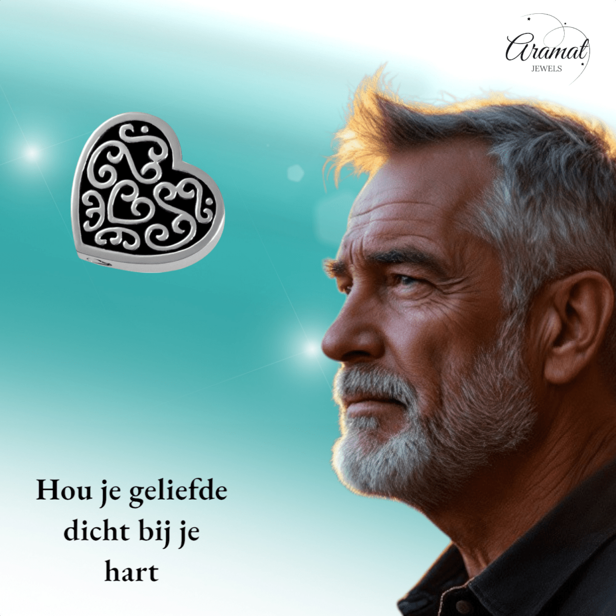 Versierd stalen as - hartje zwart emaille 2cm - Aramat Jewels - Gedenkhangers - cadeautip