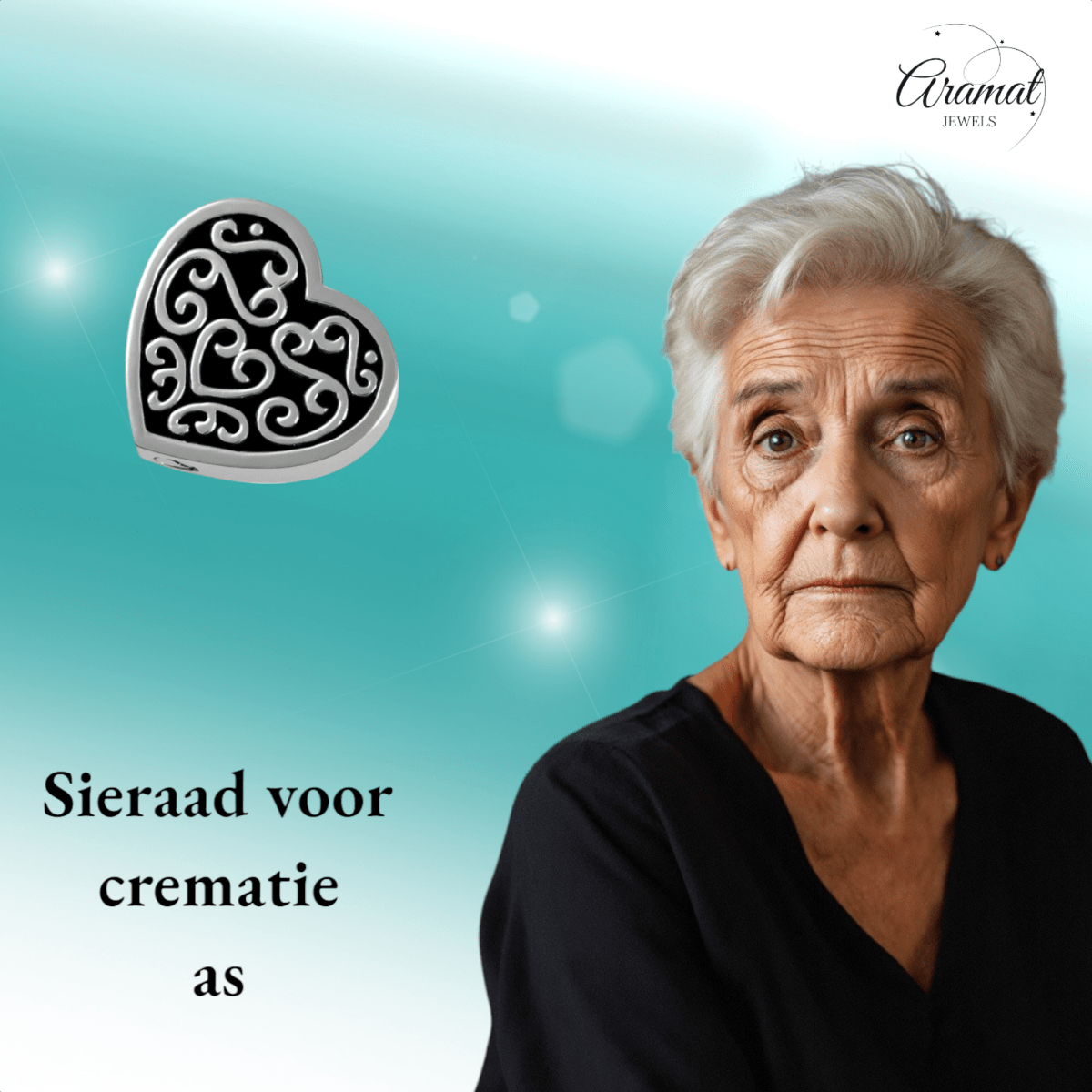 Versierd stalen as - hartje zwart emaille 2cm - Aramat Jewels - Gedenkhangers - cadeautip