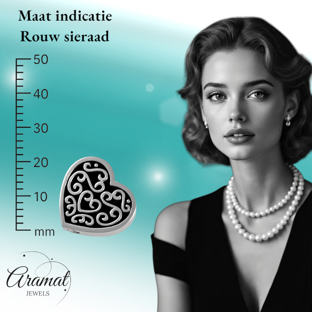 Versierd stalen as - hartje zwart emaille 2cm - Aramat Jewels - Gedenkhangers - cadeautip