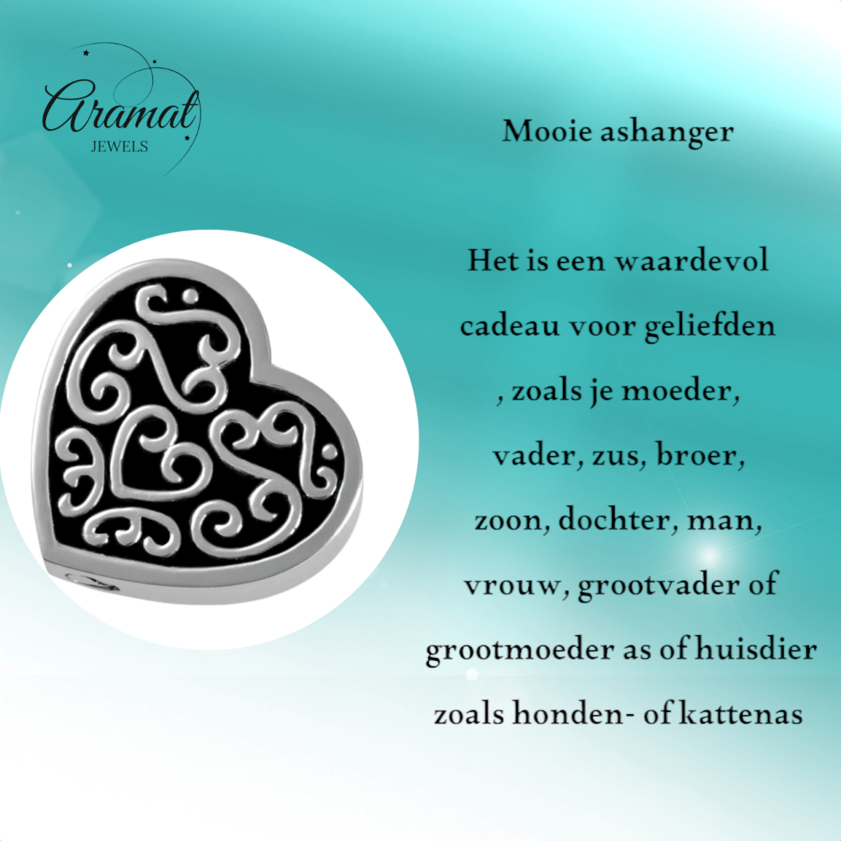 Versierd stalen as - hartje zwart emaille 2cm - Aramat Jewels - Gedenkhangers - cadeautip