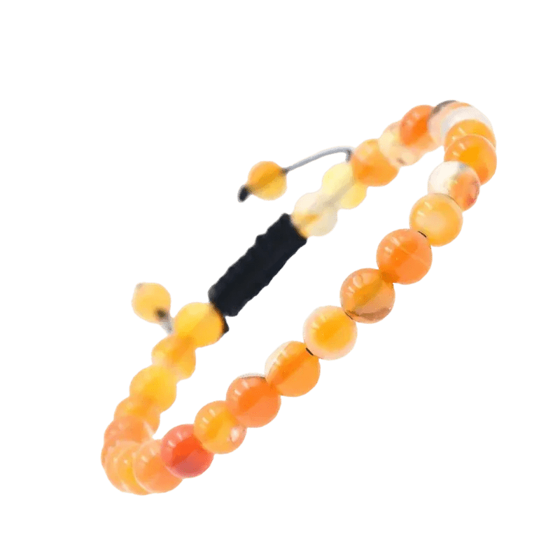 Kralenarmband met oranje en gele stenen in kleurverloop, verbonden met een zwart koord.