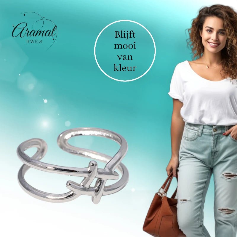 Verstelbare Ring - Vierkant met Lijnen - One Size - ring243 - 161801 - Ringen kopen