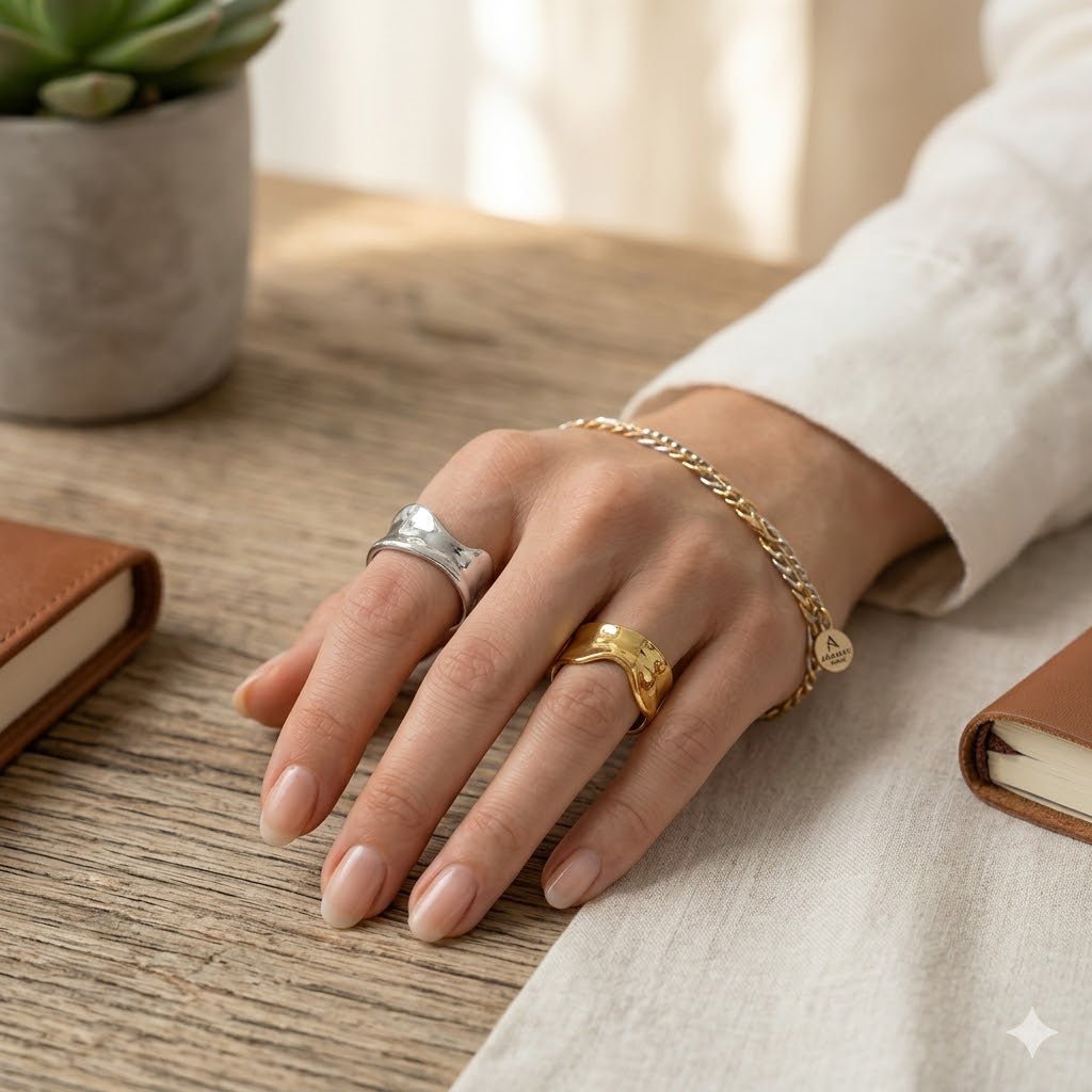 Verstelbare RVS Damesring met Getrommeld Design - 11mm breed - Aramat Jewels - Ringen - cadeautip