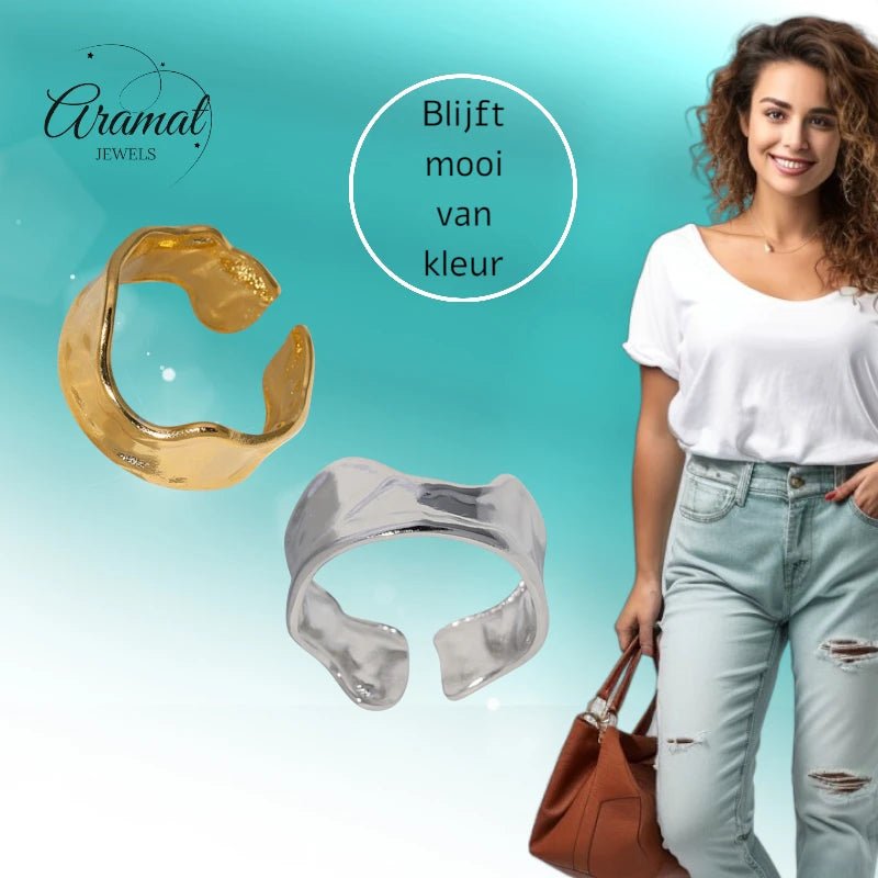 Verstelbare RVS Damesring met Getrommeld Design - 11mm breed - Aramat Jewels - Ringen - cadeautip