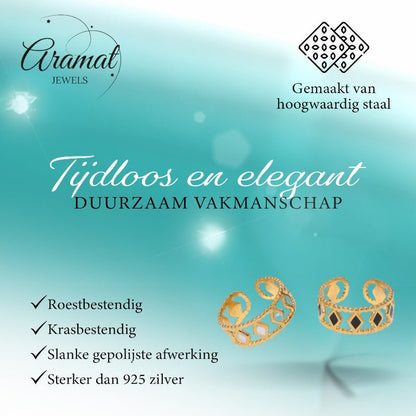 Verstelbare RVS Ring Emaille Ruitjes - Goud met Wit of Zwart - Aramat Jewels - Ringen - cadeautip