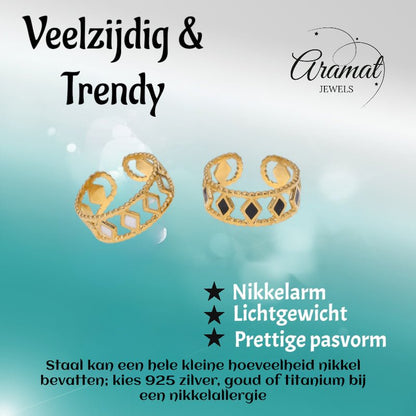 Verstelbare RVS Ring Emaille Ruitjes - Goud met Wit of Zwart - Aramat Jewels - Ringen - cadeautip