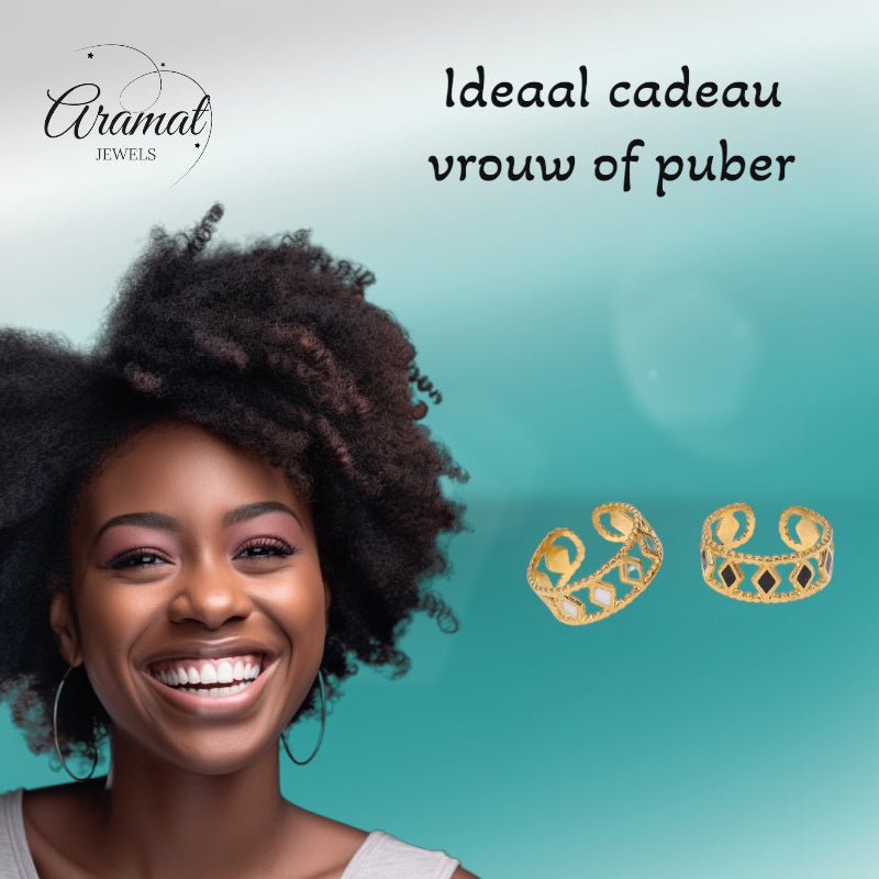 Verstelbare RVS Ring Emaille Ruitjes - Goud met Wit of Zwart - Aramat Jewels - Ringen - cadeautip