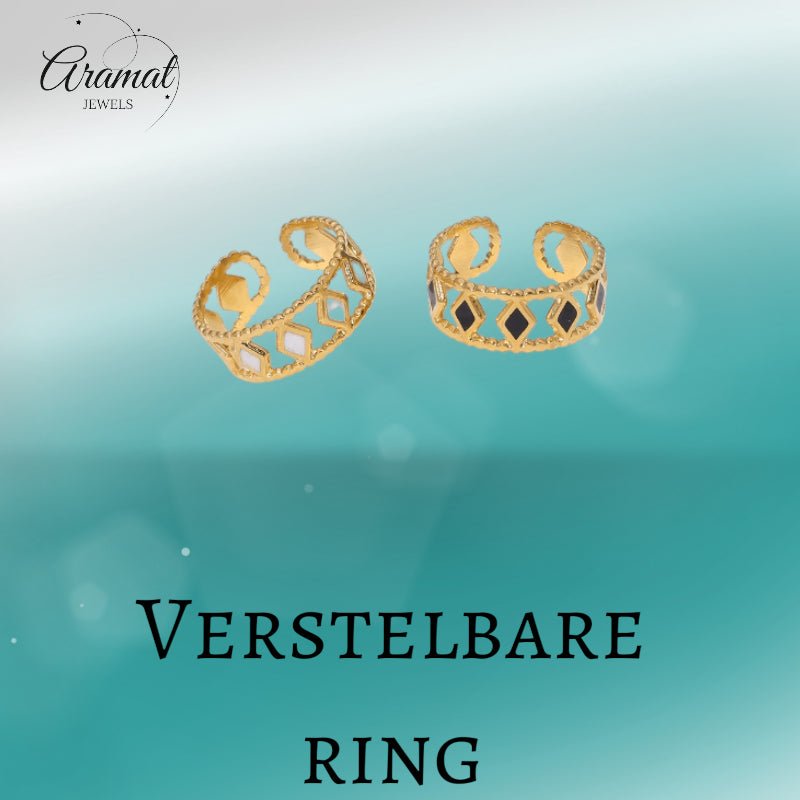 Verstelbare RVS Ring Emaille Ruitjes - Goud met Wit of Zwart - Aramat Jewels - Ringen - cadeautip