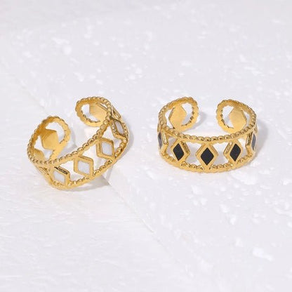 Verstelbare RVS Ring Emaille Ruitjes - Goud met Wit of Zwart - Aramat Jewels - Ringen - cadeautip