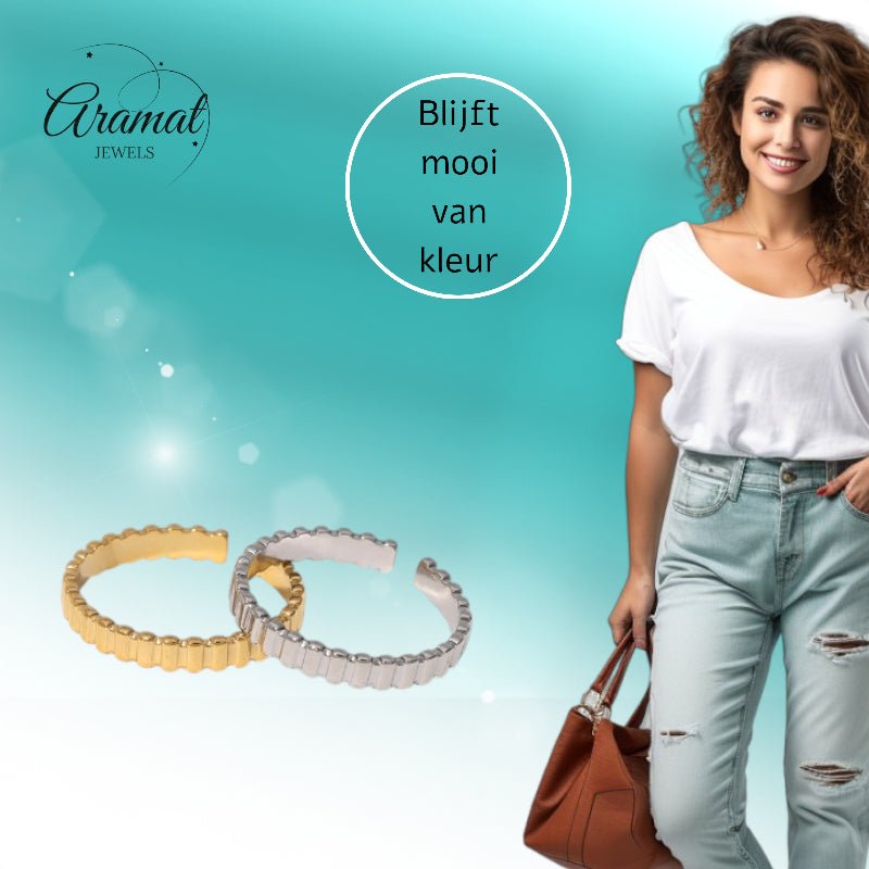 Verstelbare RVS Ring met Blokjes Motief - 3mm Breed - Aramat Jewels - Ringen - cadeautip