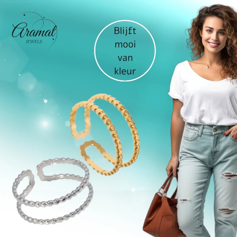 Verstelbare RVS Ring met Dubbele Bolletjeslijn (7 mm) - Aramat Jewels - Ringen - cadeautip