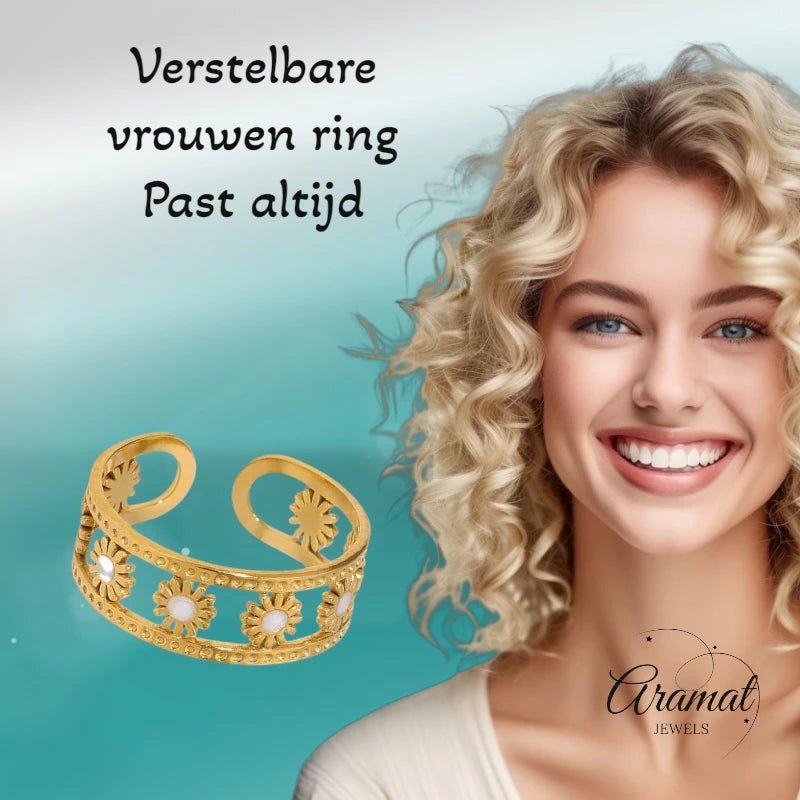 Verstelbare RVS Ring met Emaille Bloemen - Goudkleur (7 mm) - Aramat Jewels - Ringen - cadeautip