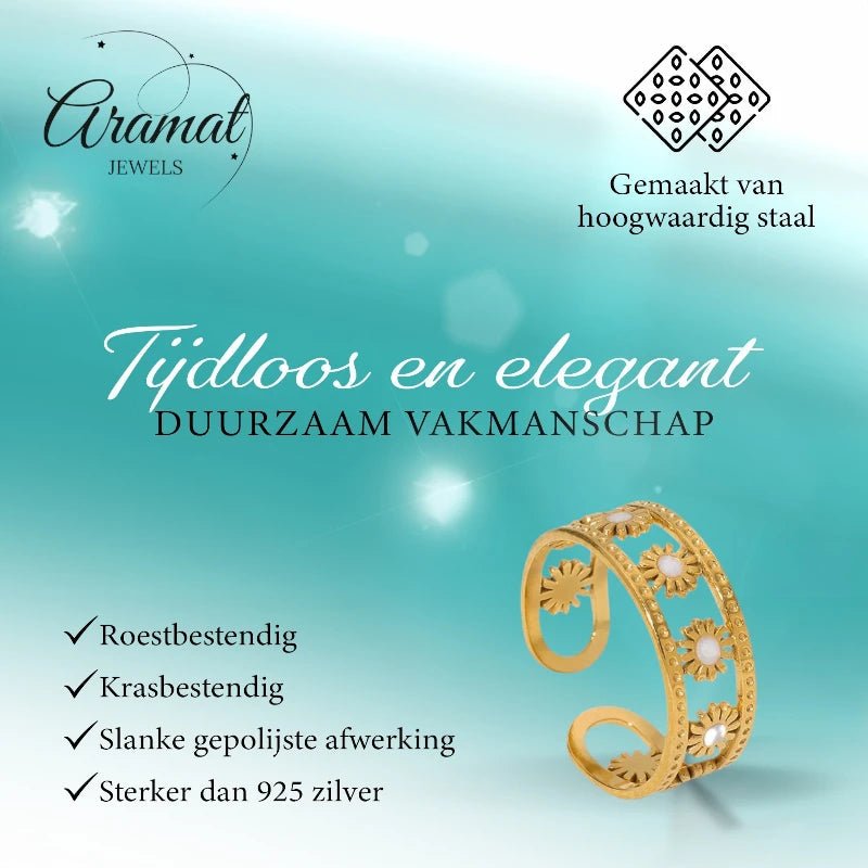 Verstelbare RVS Ring met Emaille Bloemen - Goudkleur (7 mm) - Aramat Jewels - Ringen - cadeautip