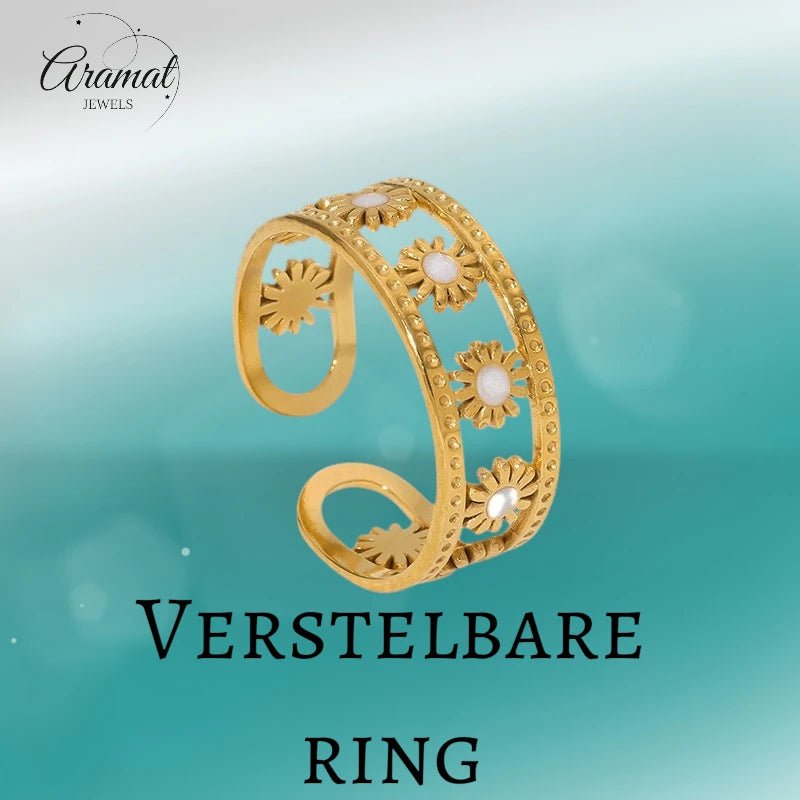 Verstelbare RVS Ring met Emaille Bloemen - Goudkleur (7 mm) - Aramat Jewels - Ringen - cadeautip