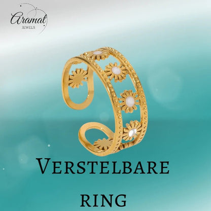 Verstelbare RVS Ring met Emaille Bloemen - Goudkleur (7 mm) - Aramat Jewels - Ringen - cadeautip