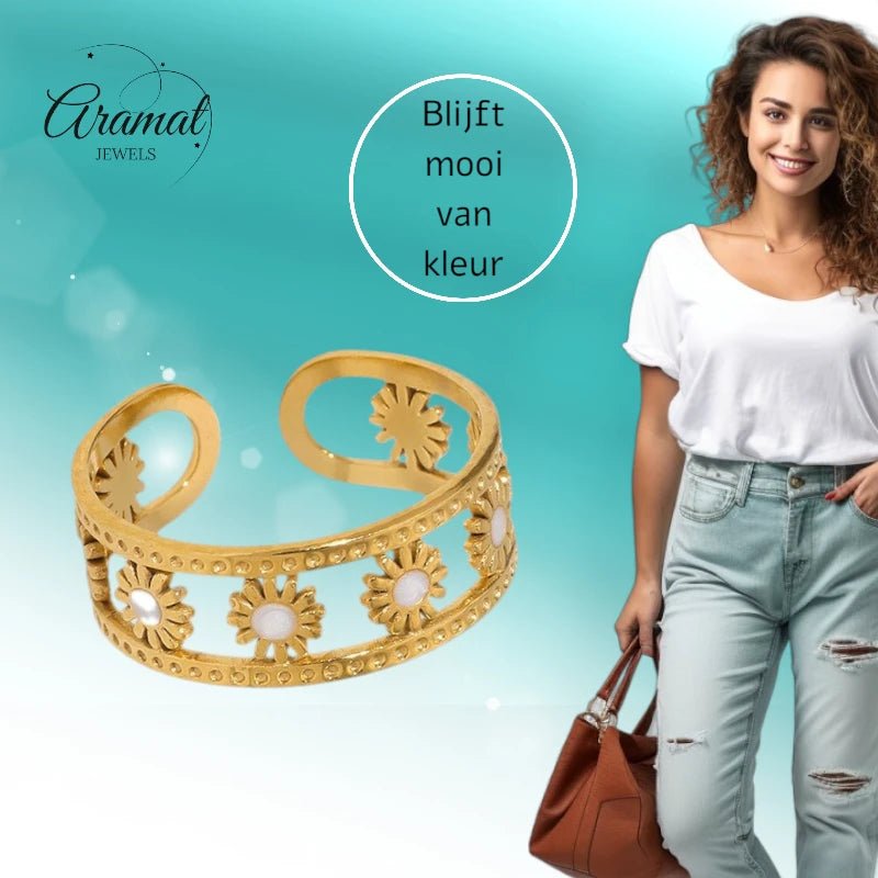 Verstelbare RVS Ring met Emaille Bloemen - Goudkleur (7 mm) - Aramat Jewels - Ringen - cadeautip
