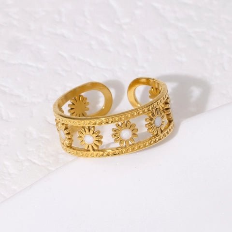 Verstelbare RVS Ring met Emaille Bloemen - Goudkleur (7 mm) - Aramat Jewels - Ringen - cadeautip