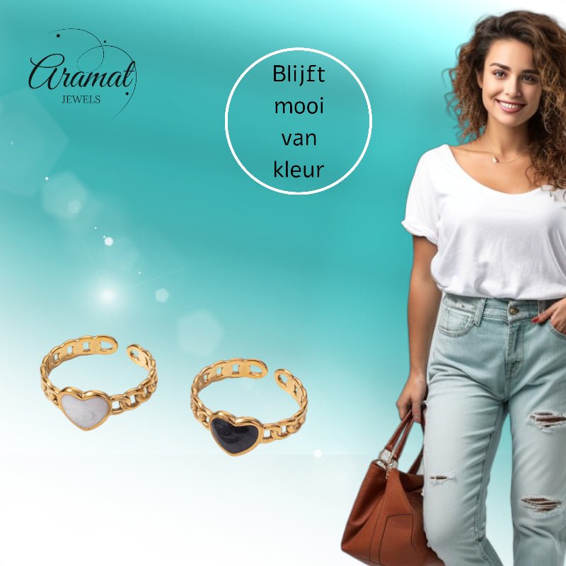 Verstelbare RVS Ring met Emaille Hartje - Goudkleur (8 mm) - Aramat Jewels - Ringen - cadeautip