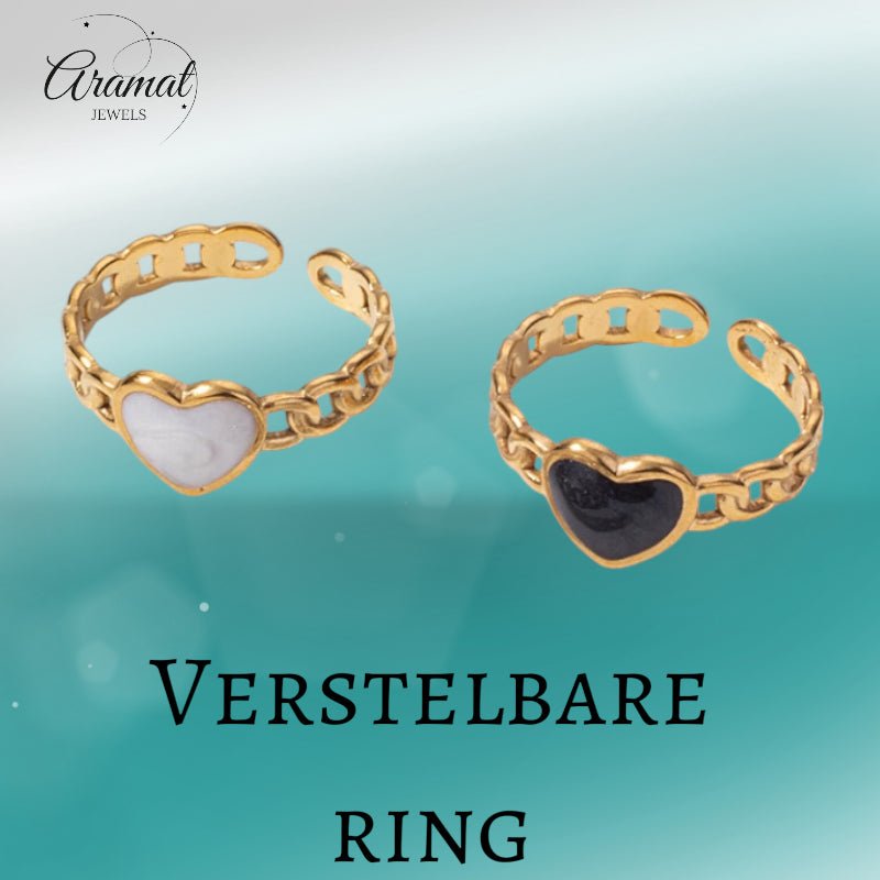 Verstelbare RVS Ring met Emaille Hartje - Goudkleur (8 mm) - Aramat Jewels - Ringen - cadeautip