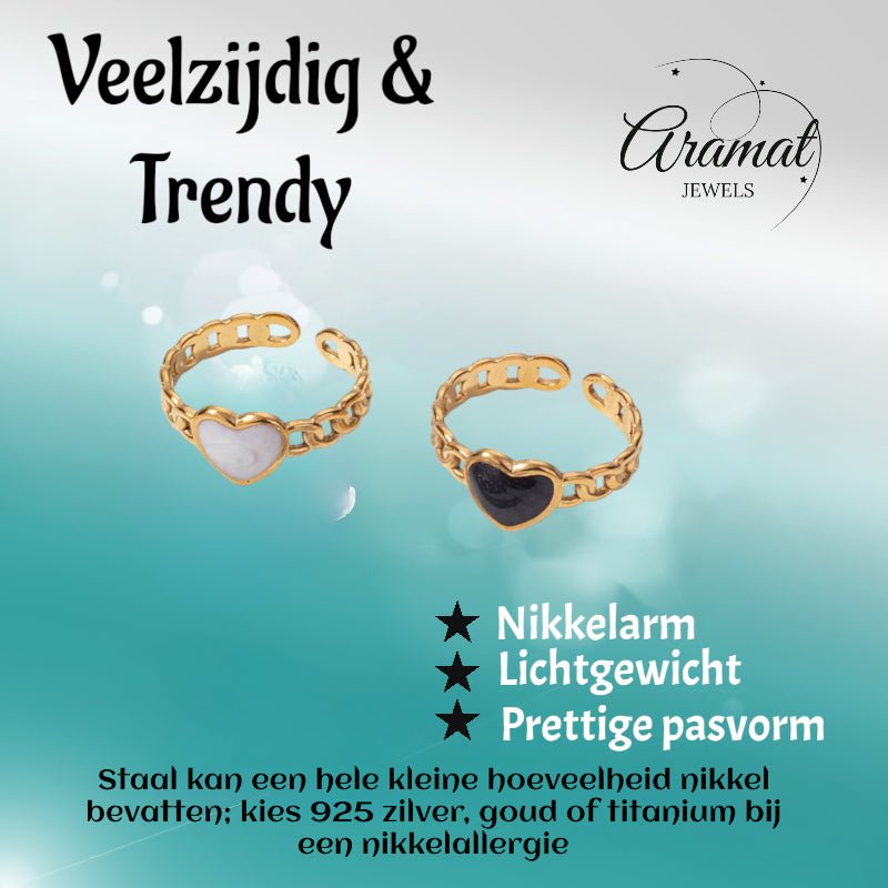 Verstelbare RVS Ring met Emaille Hartje - Goudkleur (8 mm) - Aramat Jewels - Ringen - cadeautip