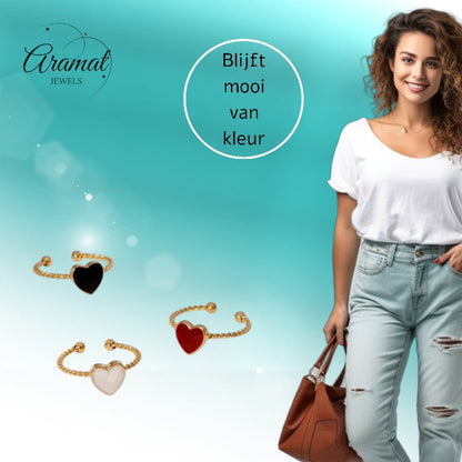 Verstelbare RVS Ring met Emaille Hartje - Goudkleur (8,5 mm) - Aramat Jewels - Ringen - cadeautip
