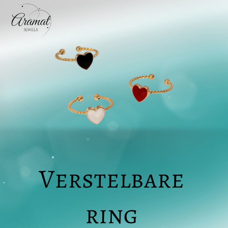 Verstelbare RVS Ring met Emaille Hartje - Goudkleur (8,5 mm) - Aramat Jewels - Ringen - cadeautip