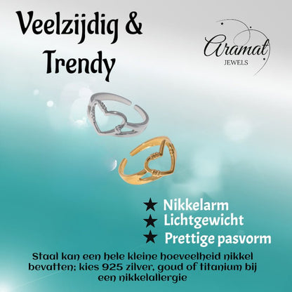 Verstelbare RVS Ring met Open Hartje (11 mm) - Aramat Jewels - Ringen - cadeautip