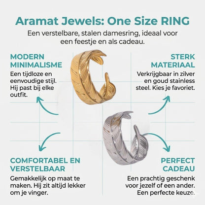 Verstelbare RVS Ring met Veertje Motief - (8 mm) - Aramat Jewels - Ringen - cadeautip