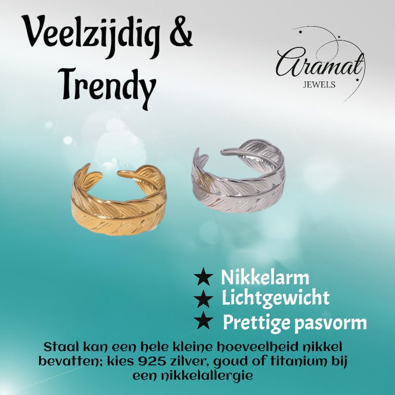 Verstelbare RVS Ring met Veertje Motief - Goudkleur of Zilver (8 mm) - Aramat Jewels - Ringen - cadeautip