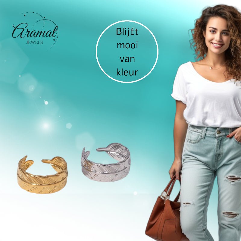 Verstelbare RVS Ring met Veertje Motief - Goudkleur of Zilver (8 mm) - Aramat Jewels - Ringen - cadeautip