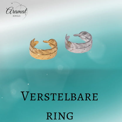 Verstelbare RVS Ring met Veertje Motief - Goudkleur of Zilver (8 mm) - Aramat Jewels - Ringen - cadeautip