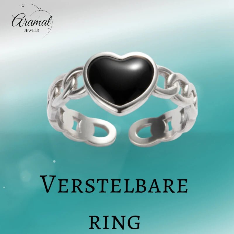 Verstelbare RVS Ring met Zwart Emaille Hartje - Zilverkleur (8 mm) - Aramat Jewels - Ringen - cadeautip
