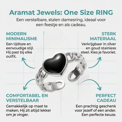 Verstelbare RVS Ring met Zwart Emaille Hartje - Zilverkleur (8 mm) - Aramat Jewels - Ringen - cadeautip