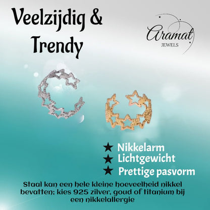 Verstelbare Sterren Ring van RVS met Bolletjes Motief (9 mm) - Aramat Jewels - Ringen - cadeautip