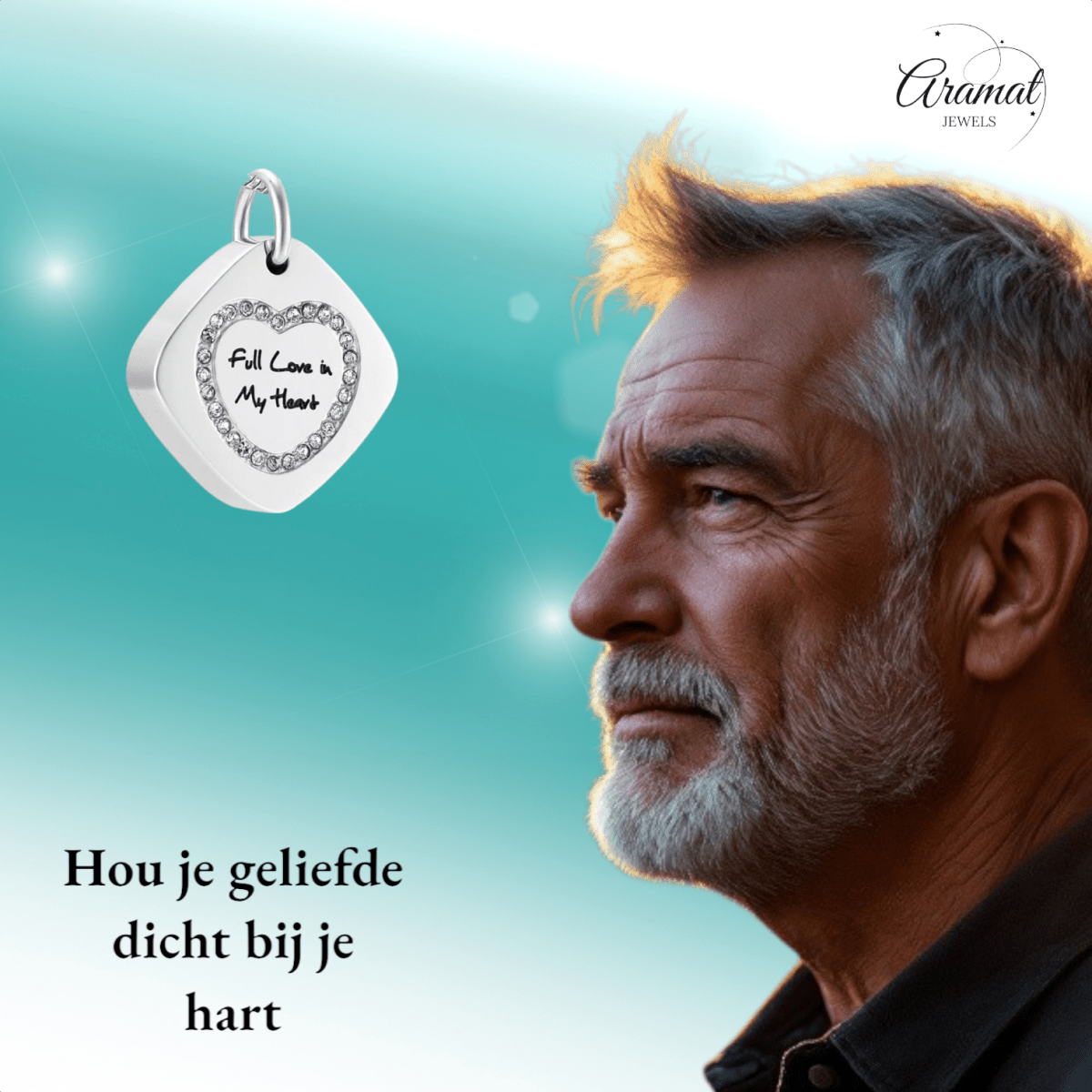 Vierkante ashanger staal met hartzirkonia 30x23mm - Aramat Jewels - Gedenkhangers - cadeautip