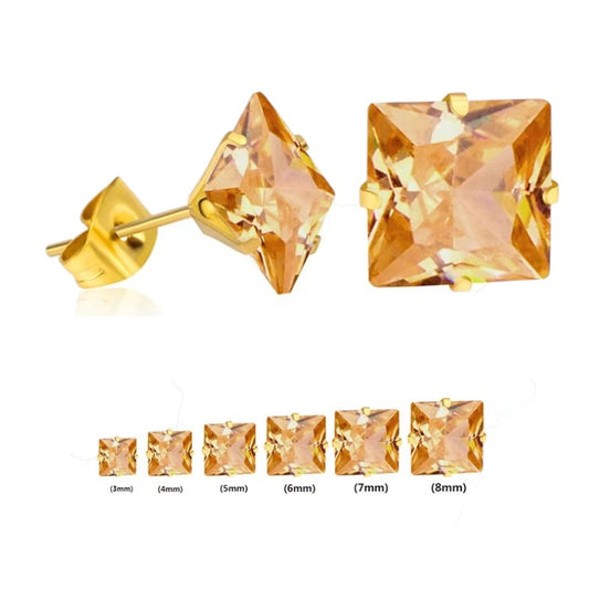 Goudkleurige Vierkante Oorbellen Met Champagne Zirkonia