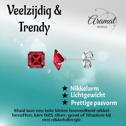 Oorbellen – 7mm Vierkante Zirkonia Rood op RVS Zilverkleur