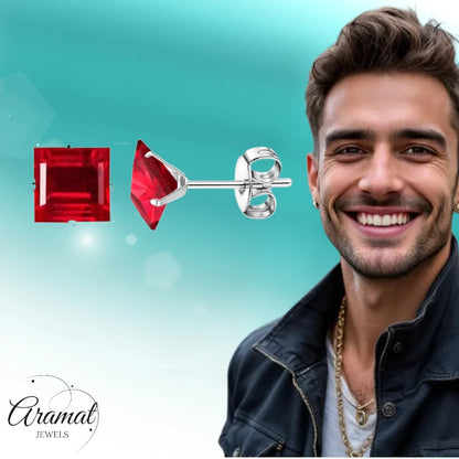 Oorbellen – 8mm Vierkante Zirkonia Rood op RVS Zilverkleur