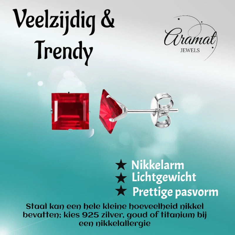 Oorbellen – 8mm Vierkante Zirkonia Rood op RVS Zilverkleur