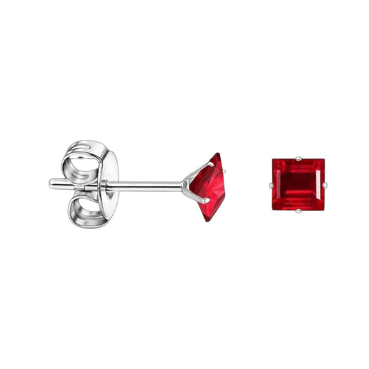 Boucles d'oreilles – Acier inoxydable couleur argent avec zircon rouge carré (4 mm) 