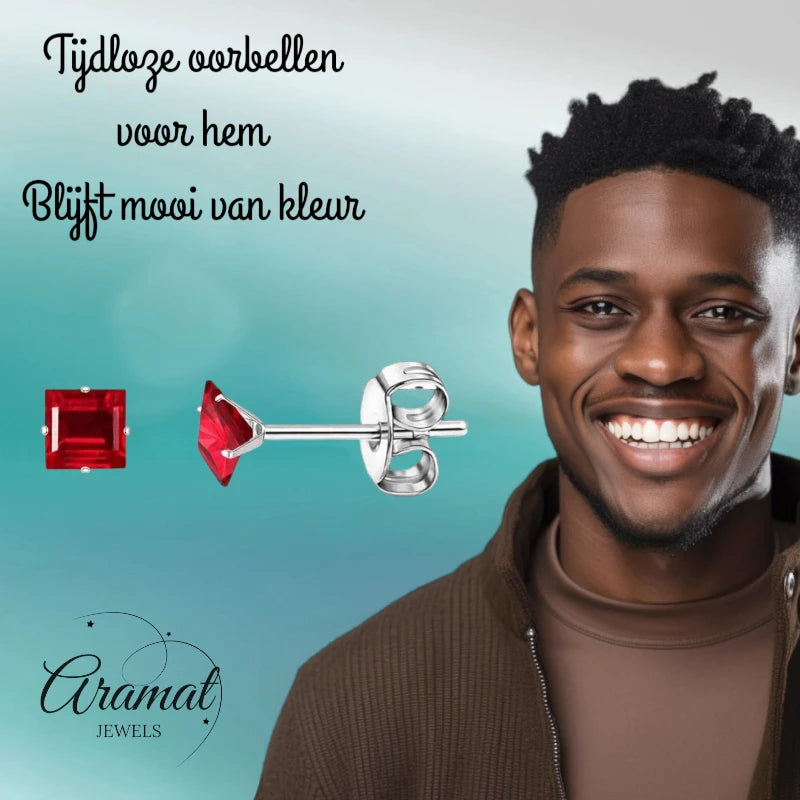 Oorbellen – RVS Zilverkleur met Rode Vierkante Zirkonia (4mm)