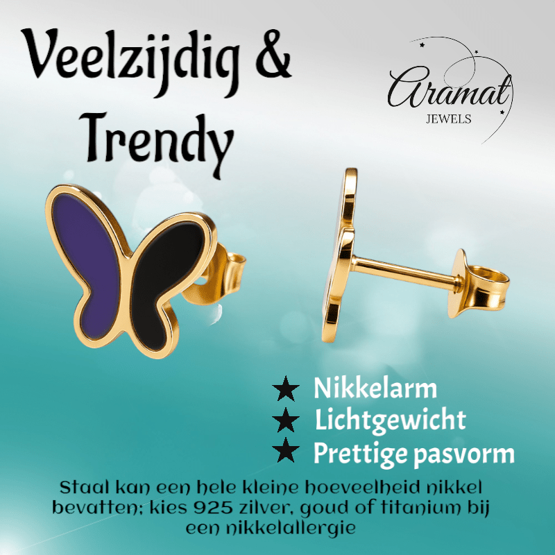 Vlinder oorbellen met zwart & paars emaille - oor6073 - Oorbellen kopen# - 9mm - alles - cadeau